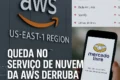 Gráfico de queda das ações da Amazon com logo da empresa e seta vermelha descendente