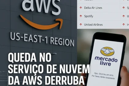 Gráfico de queda das ações da Amazon com logo da empresa e seta vermelha descendente