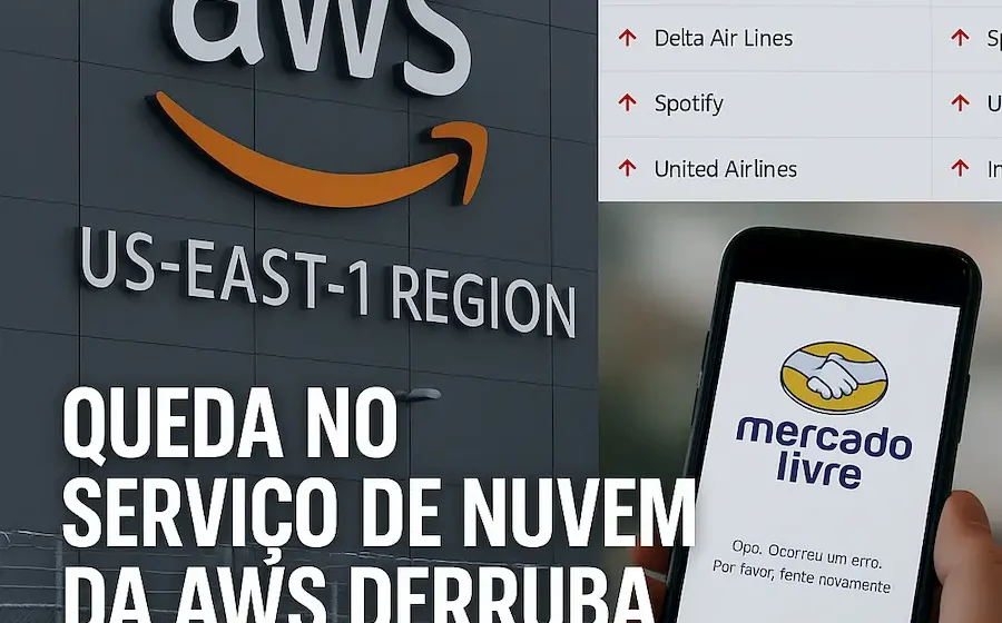 Gráfico de queda das ações da Amazon com logo da empresa e seta vermelha descendente