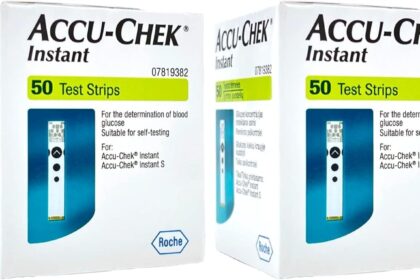 Caixa de tiras de glicemia Accu-Chek Active com logo da Anvisa e selo de lote público desviado