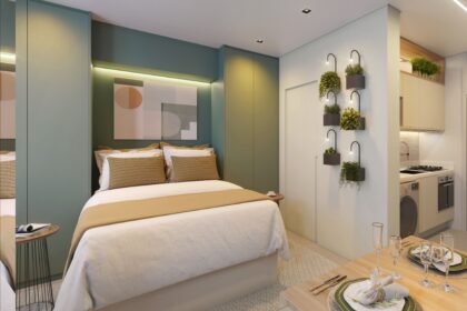 Studio de luxo compacto de 30m² em Goiânia, interior moderno e iluminado