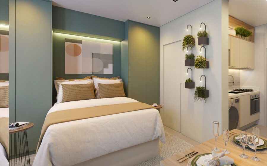 Studio de luxo compacto de 30m² em Goiânia, interior moderno e iluminado