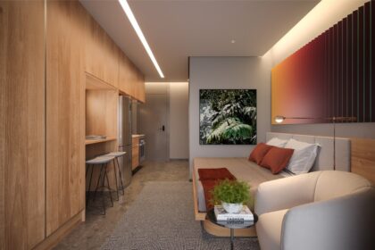 Apartamento micro moderno em São Paulo, interior compacto otimizado para aluguel por temporada e investimento imobiliário