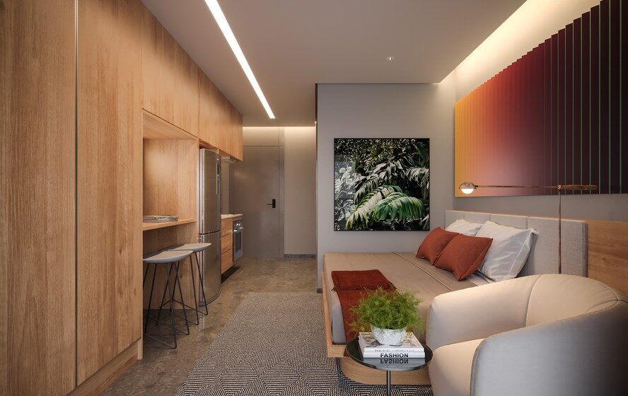 Apartamento micro moderno em São Paulo, interior compacto otimizado para aluguel por temporada e investimento imobiliário