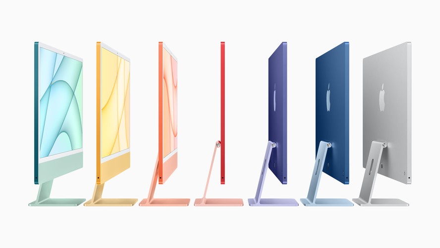 Apple iPad mini OLED, MacBook Pro M6 e iMac 24 polegadas coloridos lado a lado