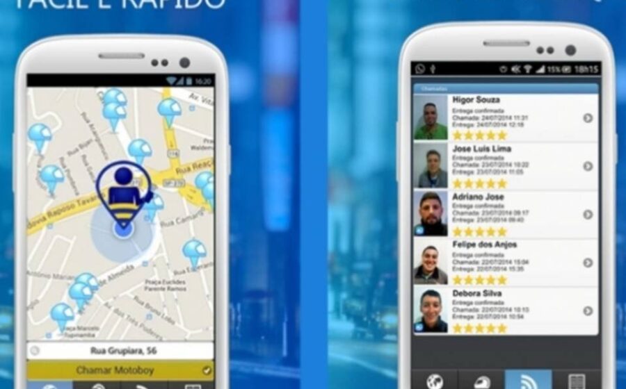 Motoboy em alta velocidade no trânsito urbano representando pressão por entregas em 15 minutos