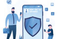 Ilustração de smartphone exibindo apps de IA que removem roupas, com ícones de alerta e crianças acessando loja de aplicativos