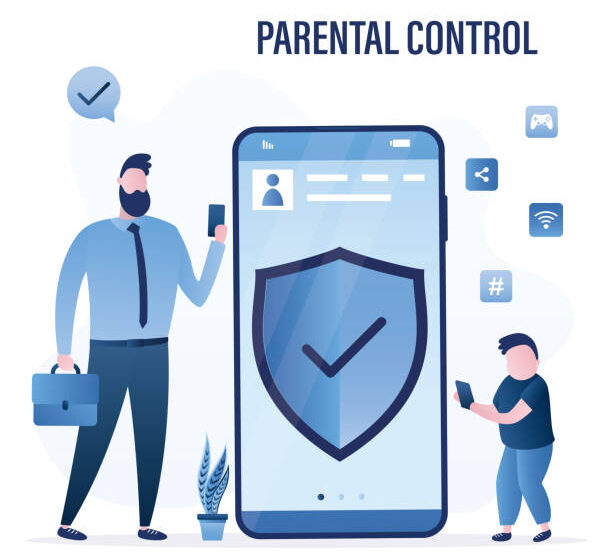 Ilustração de smartphone exibindo apps de IA que removem roupas, com ícones de alerta e crianças acessando loja de aplicativos