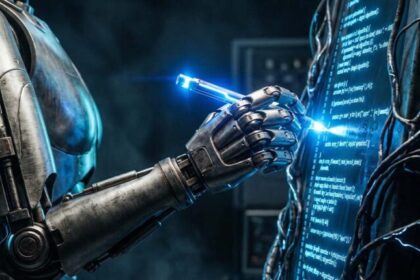 Humano supervisiona seis agentes de IA representados por ícones digitais conectados