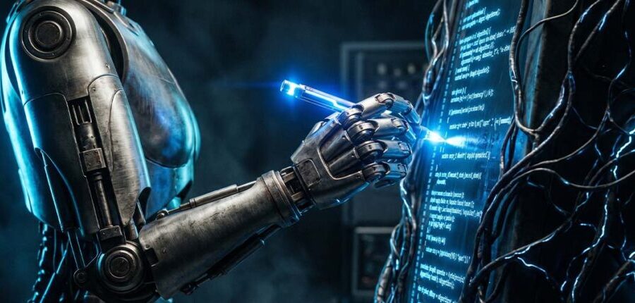 Humano supervisiona seis agentes de IA representados por ícones digitais conectados