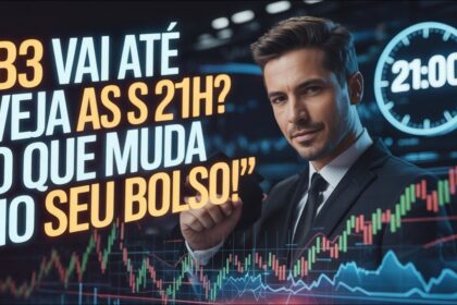 Relógio digital mostrando mudança de horário com gráfico da B3 ao fundo