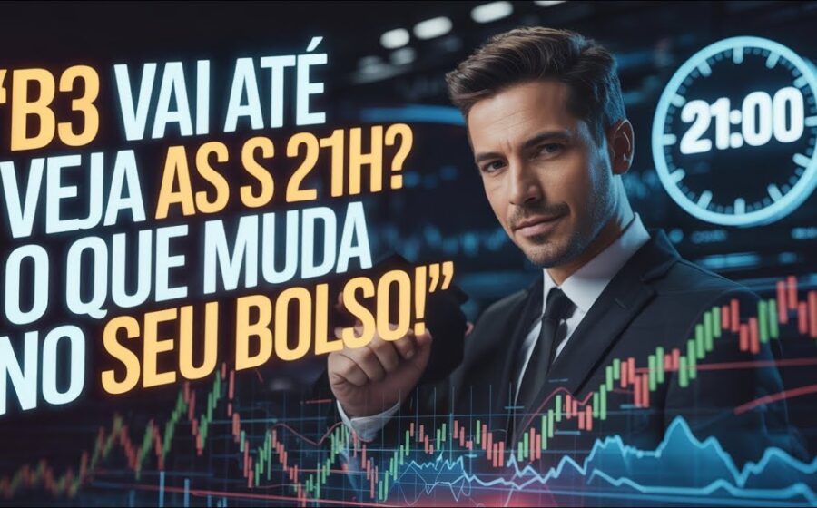 Relógio digital mostrando mudança de horário com gráfico da B3 ao fundo