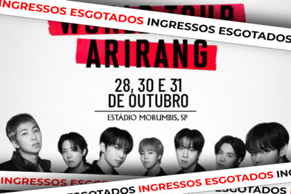 BTS se apresentando no estádio Morumbis lotado em São Paulo durante turnê no Brasil