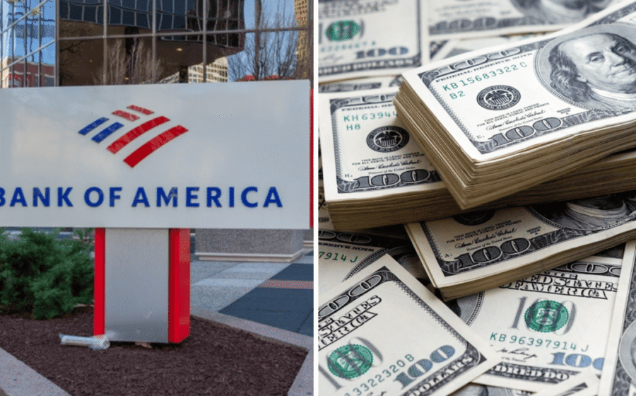 Logotipo do Bank of America com carimbo vermelho "MULTA DE US$ 1,2 BI" sobre fundo de documentos financeiros