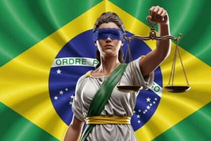 Mulher grávida segurando documento judicial com texto salário-maternidade e barriga solidária