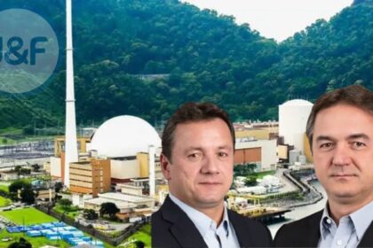 Irmãos Batista Joesley e Wesley em evento nuclear com logotipo Eletronuclear e Globe Investimentos