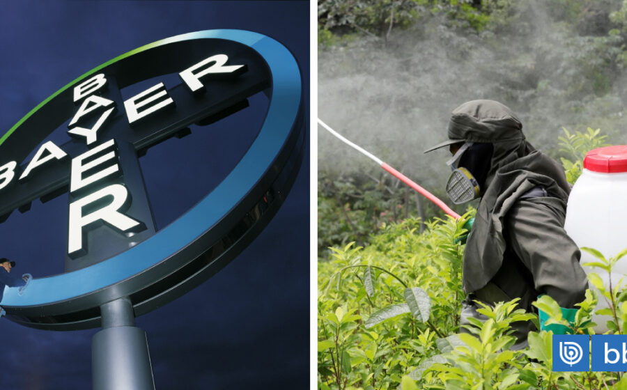 Sede da Bayer com logotipo e produto Roundup em destaque, simbolizando vitória judicial nos EUA