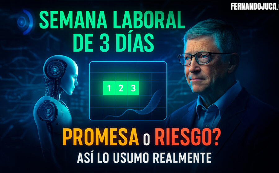 Jeff Bezos em destaque com elementos de inteligência artificial e calendário de 3 dias trabalho