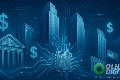 Bilionários da tecnologia como Musk, Huang e Dimon cercados por gráficos de IA e relógios simbolizando semana de 4 dias e mercado de US$ 7 trilhões