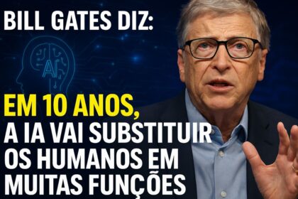 Bill Gates em palco alertando sobre riscos da inteligência artificial