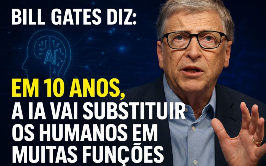 Bill Gates em palco alertando sobre riscos da inteligência artificial