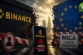 Logo da Binance sobre bandeira da UE com ícones de regulamentação MiCA e investigação
