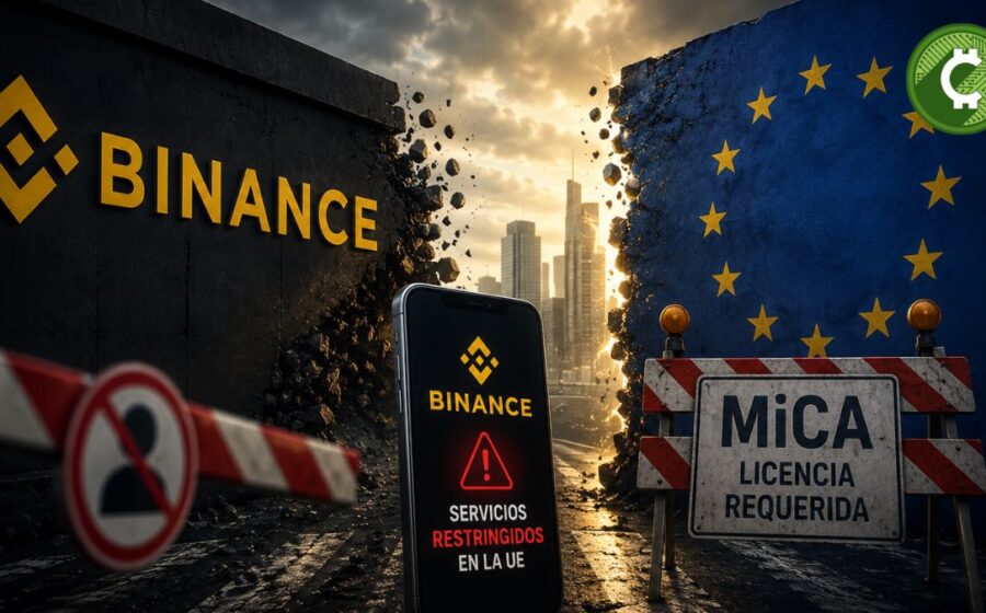 Logo da Binance sobre bandeira da UE com ícones de regulamentação MiCA e investigação