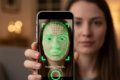 Pessoa usando smartphone com interface de reconhecimento facial biométrico na tela