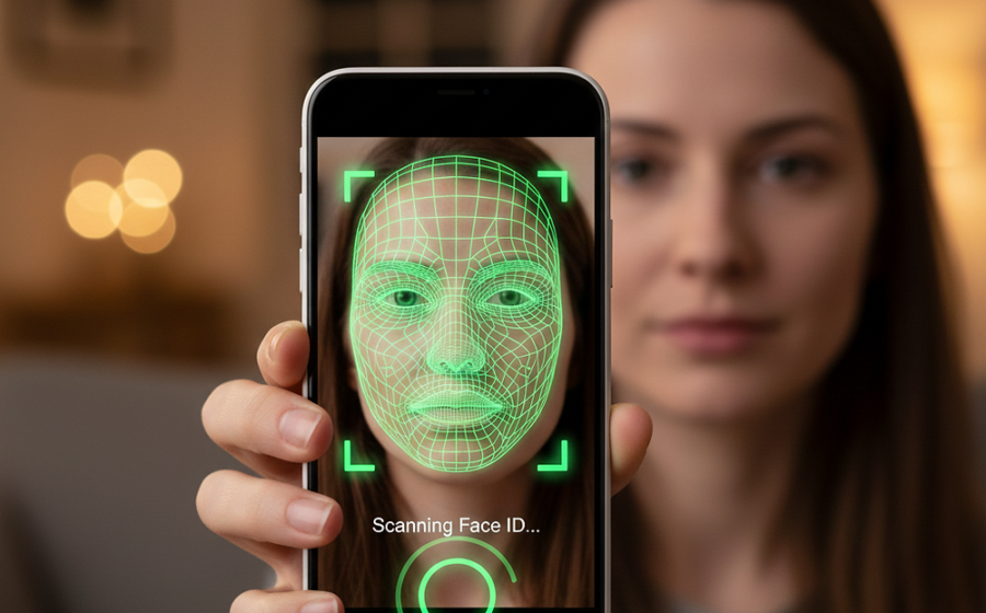 Pessoa usando smartphone com interface de reconhecimento facial biométrico na tela