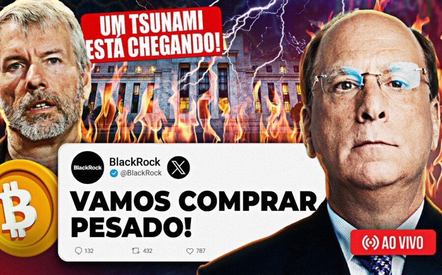 Logotipo da BlackRock sobre mapa do Brasil com gráficos financeiros voláteis ao fundo