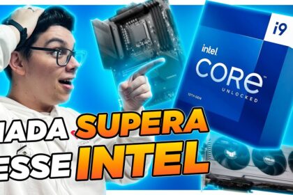 Gráfico de ações em queda livre com logo da Intel e setas vermelhas indicando queda de 28% na bolsa