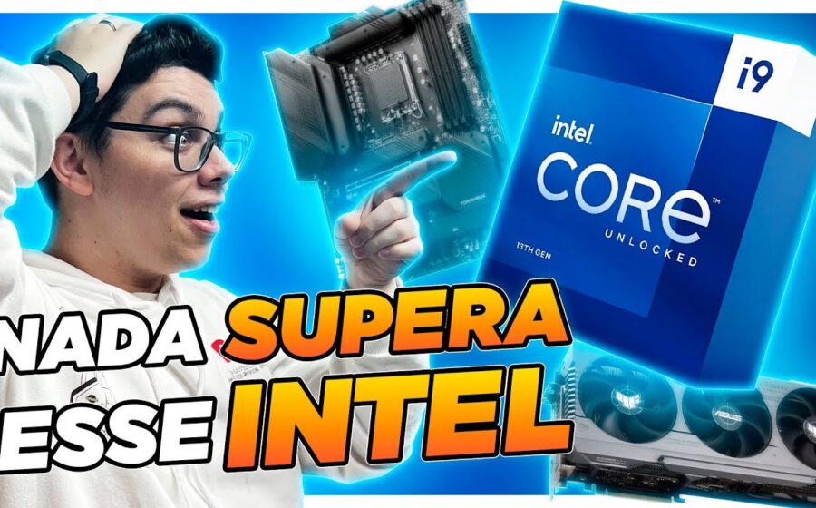 Gráfico de ações em queda livre com logo da Intel e setas vermelhas indicando queda de 28% na bolsa