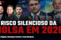 Mapa do Brasil dividido com urna eletrônica e balança da justiça inclinada, simbolizando risco sistêmico na eleição 2026