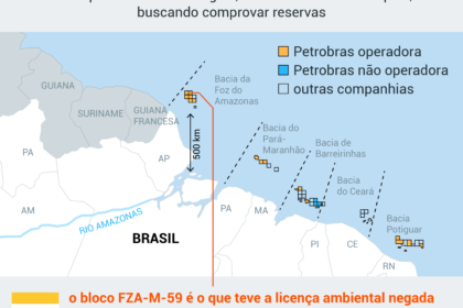 Mapa da margem equatorial brasileira com 501 blocos de petróleo delimitados pela ANP