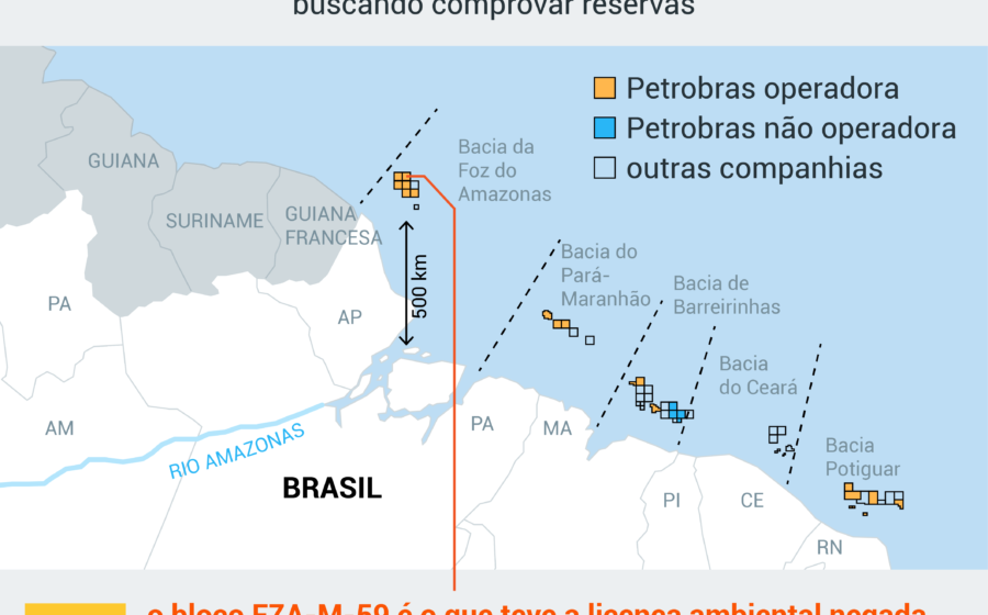 Mapa da margem equatorial brasileira com 501 blocos de petróleo delimitados pela ANP