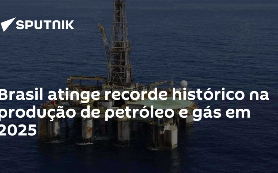 Plataforma de petróleo brasileira no mar com texto sobrepondo: Brasil atinge 6,1 milhões de barris/dia recorde histórico