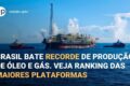Plataforma de petróleo no pré-sal brasileiro durante produção recorde de 4,6 milhões de barris/dia em agosto