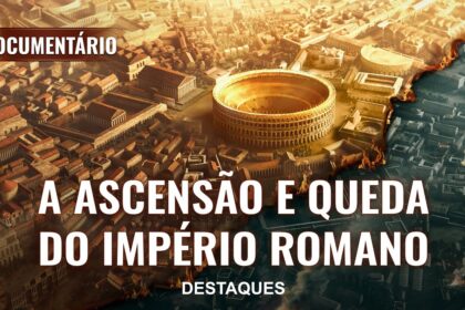 Mapa do Brasil rachado ao meio com ruínas romanas ao fundo simbolizando divisão política e lições históricas