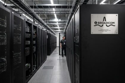 Logos da Broadcom e Anthropic sobre fundo de chips de IA simbolizando parceria de US$ 42 bilhões