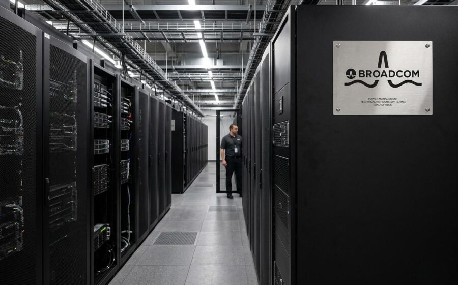 Logos da Broadcom e Anthropic sobre fundo de chips de IA simbolizando parceria de US$ 42 bilhões