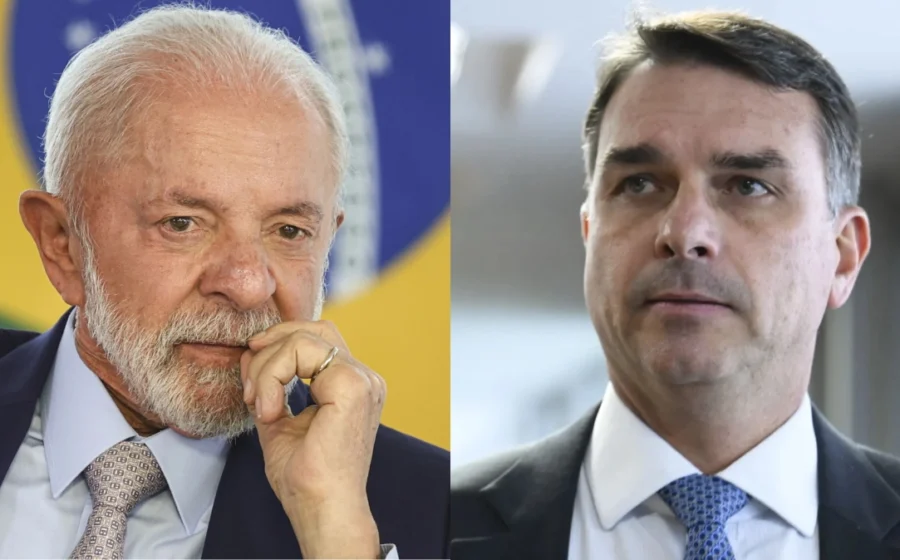 Trabalhadores brasileiros e símbolos da CLT com fotos de Lula e Flávio Bolsonaro ao fundo