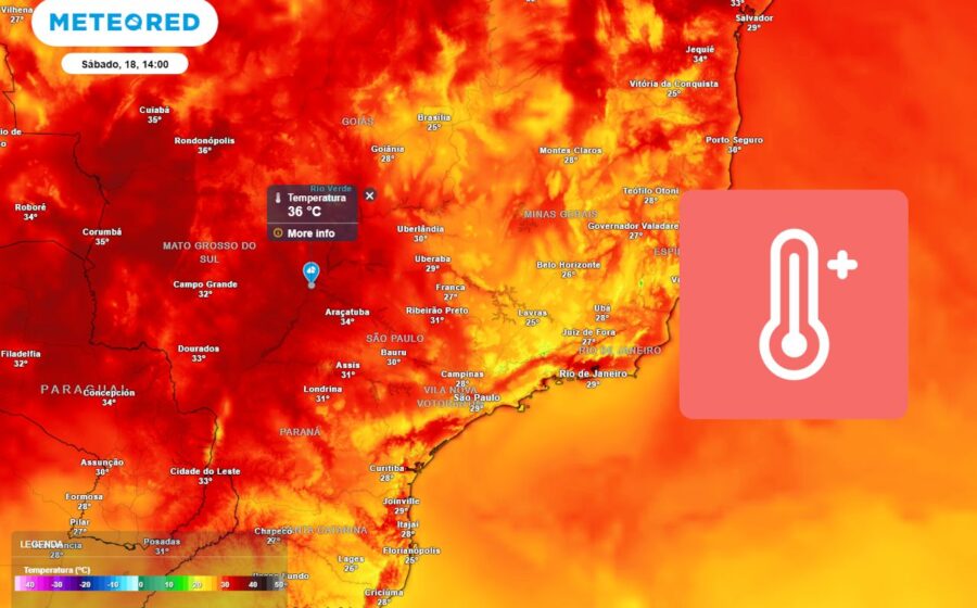 Céu nublado sobre Campo Grande com raios indicando tempestades e calor de 36°C