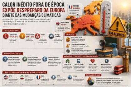 Praia lotada na Espanha com banhistas sob sol intenso, 38°C no outono, ilustrando calor anômalo e risco climático