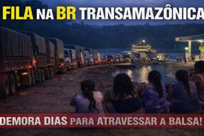 Fila de caminhões aguardando balsa para cruzar Rio Guaporé após interdição da ponte BR-174B em MT