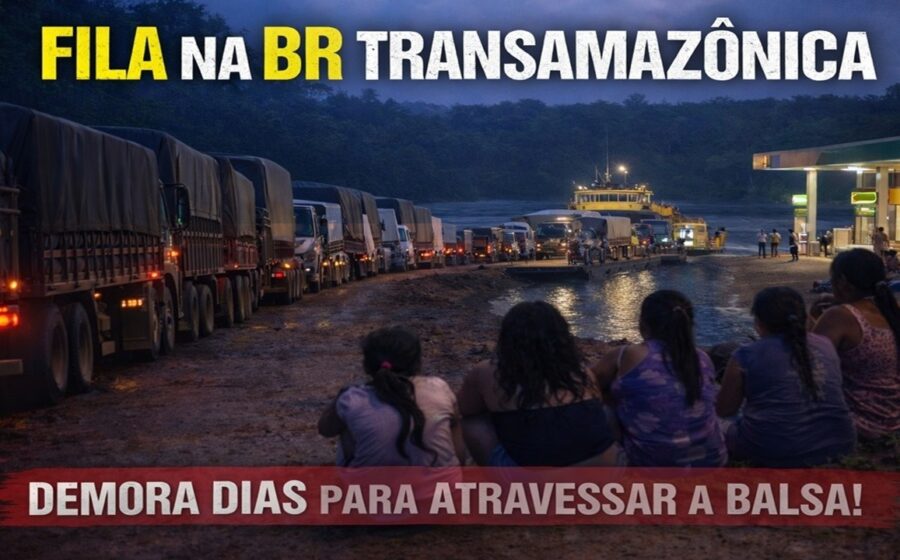 Fila de caminhões aguardando balsa para cruzar Rio Guaporé após interdição da ponte BR-174B em MT