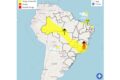 Mapa meteorológico do Brasil mostrando frente fria e canal de umidade com alerta amarelo de tempestades no Norte, Centro-Oeste e Nordeste