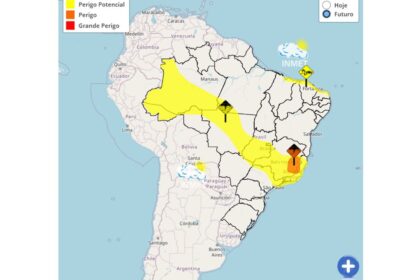 Mapa meteorológico do Brasil mostrando frente fria e canal de umidade com alerta amarelo de tempestades no Norte, Centro-Oeste e Nordeste