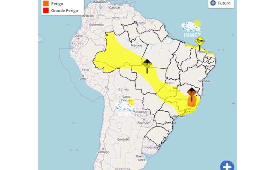 Mapa meteorológico do Brasil mostrando frente fria e canal de umidade com alerta amarelo de tempestades no Norte, Centro-Oeste e Nordeste