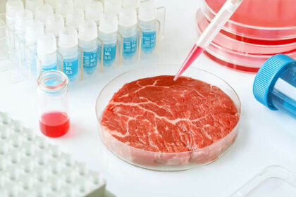 Biorreator com carne cultivada ao lado de ração pet, sushi e barra de chocolate
