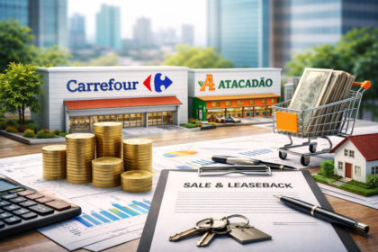 Fachada de supermercado Carrefour com logotipo visível, representando venda de imóveis em modelo sale and leaseback